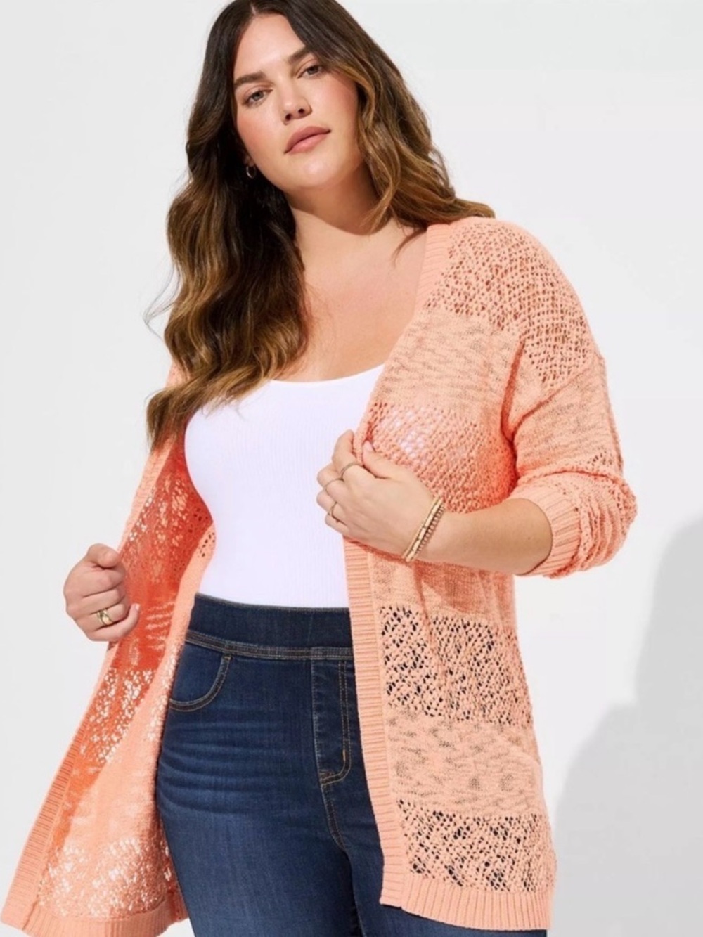 Torrid Cotton Open Stitch Peach Orange Long Cardigan Sweater Size 1XL